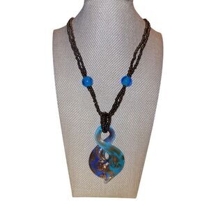 Elegant Blue and Brown And Gold Glass Necklace